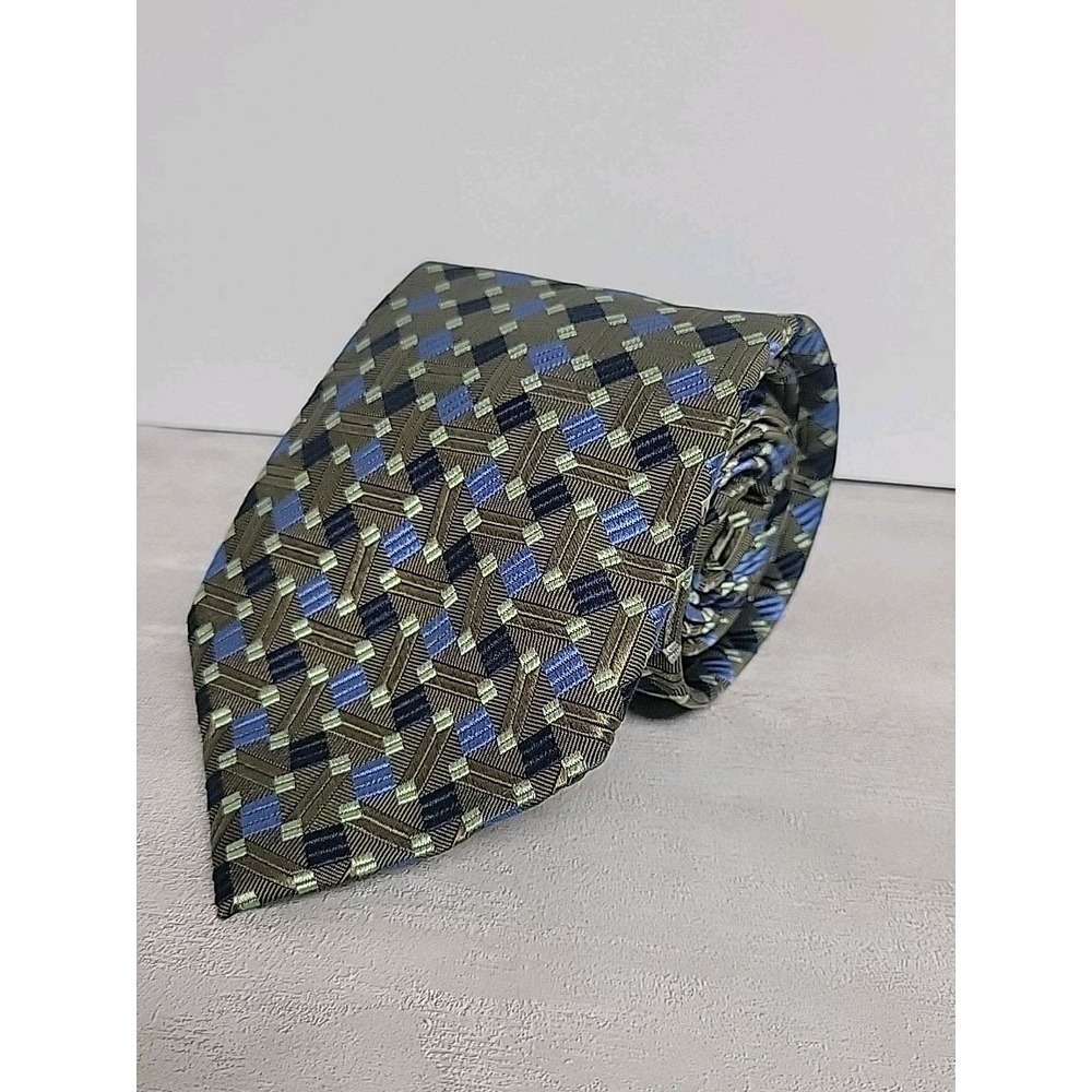 Renzo Men's 100% Silk Handmade Necktie Geometric Blue Navy Green EUC